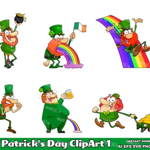 6 St. Patrick’s Day Cartoon Characters 1 – Clip Art Vector Graphic Illustrations Bundle – Ai, Eps, Svg, Pdf, Png, Jpg – Free Commercial Use