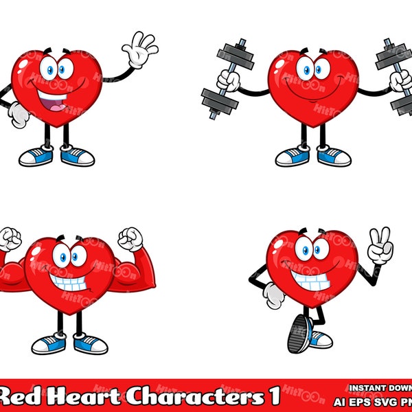 Red Heart Cartoon Characters 1. Digital Clip Art Vector Graphic Illustrations Bundle Set. AI. EPS. SVG. Png and Jpg. Commercial Use