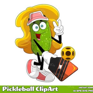 Peut inclure: Un cornichon de dessin animé portant un chapeau rose et tenant une raquette et une balle de pickleball. Le cornichon est vert avec des cheveux jaunes et sourit. Pickleball ClipArt est écrit en bas de l'image.