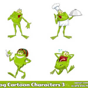 Frog Cartoon Mascot Characters 3. Digital Clip Art Vector Graphic Illustrations Bundle Set. AI. EPS. SVG. Png and Jpg. Commercial Use