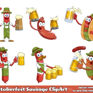 6 Oktoberfest Sausage Cartoon ClipArt. Digital Clip Art Vector Graphic Illustrations Bundle. AI. EPS. SVG. Pdf. Png and Jpg. Commercial Use