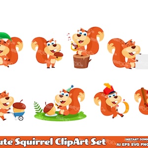 8 Cute Squirrel ClipArt Set. Flat Design. Digital. Vector Graphic Illustrations Bundle Set. AI. EPS. SVG. Png and Jpg. Commercial Use