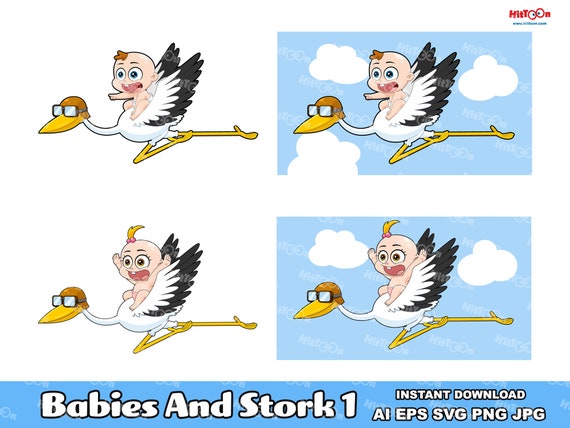Instant Download. Cute Babies Flying On Top Of A Stork Cartoon Characters. Clip Art Illustrations Set in AI. EPS. SVG. Digital Png and Jpg
