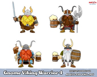 Gnome Viking Warrior Cartoon Characters 4. Digital Clip Art Vector Graphic Illustrations Bundle. AI. EPS. SVG. Png and Jpg. Commercial Use