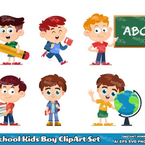 6 School Kids Boy Cartoon Clipart Set - Digital Clipart Vector Graphic Bundle - Ai, Eps, Svg, Pdf, Png, Jpg - Free Commercial Use