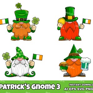 St. Patrick’s Day Gnome Cartoon Characters – Digital Clipart Vector Graphic Bundle – Ai, Eps, Svg, Png, Jpg – Free Commercial Use