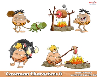 Caveman Cartoon Characters 6. Digital Clip Art Vector Graphic Illustrations Bundle Set. AI. EPS. SVG. PDf. Png and Jpg. Commercial Use