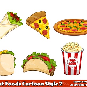 Fast Foods Cartoon Style 2. Digital Clip Art Vector Graphic Illustrations Bundle Set. AI. EPS. SVG. Png and Jpg. Commercial Use
