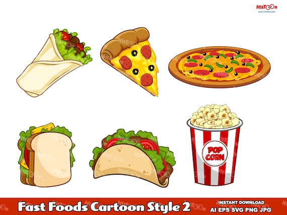 Fast Foods Cartoon Style 2. Digital Clip Art Vector Graphic Illustrations Bundle Set. AI. EPS. SVG. Png and Jpg. Commercial Use