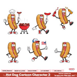 6 Hot Dog Cartoon Character 3 - Digital Clipart Vector Graphic Bundle Set- Ai, Eps, Svg, Pdf, Png, Jpg - Free Commercial Use