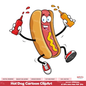 Hot Dog Cartoon Clipart - Digital Clipart Vector Graphic Illustrations - Ai, Eps, Svg, Pdf, Png, Jpg - Free Commercial Use