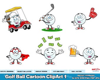 Golf Ball Cartoon Clipart: Hand Drawn Vector Graphics (Commercial Use)