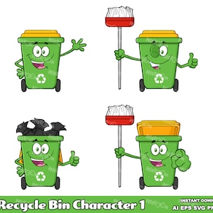 Recycle Bin Cartoon Mascot Clipart - Vector Graphic Illustrations - Ai, Eps, Svg, Pdf, Png, Jpg - Free Commercial Use