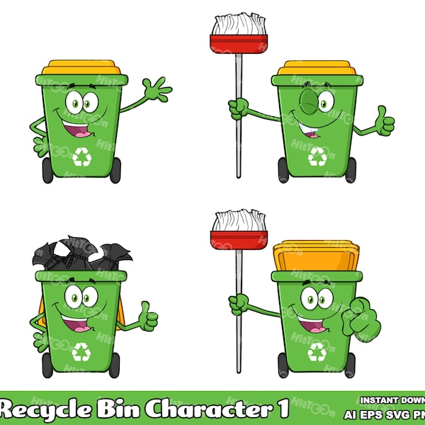 Recycle Bin Cartoon Mascot Character 1. Digital Clip Art Vector Graphic Illustrations Bundle Set. AI. EPS. SVG. Png and Jpg. Commercial Use