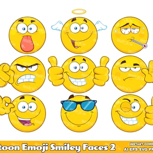 9 faccine sorridenti emoji dei cartoni animati 2. Set di illustrazioni grafiche vettoriali di clip art digitali. AI. EPS. SVG. Png e Jpg. Uso commerciale