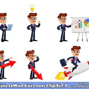 6 Businessman Cartoon Clipart - Flat Design - Vector Graphic Bundle - Ai, Eps, Svg, Pdf, Png, Jpg - Commercial Use