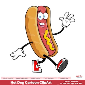 Hot Dog Cartoon Clipart - Digital Clipart Vector Graphic Illustrations - Ai, Eps, Svg, Pdf, Png, Jpg - Free Commercial Use