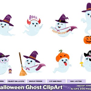 8 imágenes prediseñadas de fantasmas de Halloween - Paquete de gráficos vectoriales de diseño plano - Ai, Eps, Svg, Pdf, Png, Jpg - Uso comercial gratuito