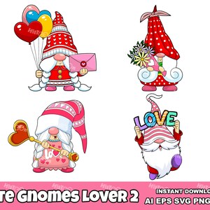 Cute Gnome Lover Cartoon Characters – Digital Clipart Vector Graphic Bundle – Ai, Eps, Svg, Png, Jpg – Free Commercial Use