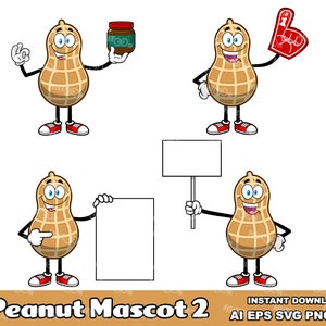 Peanut Cartoon Mascot Character 2. Digital Clip Art Vector Graphic Illustrations Bundle Set. AI. EPS. SVG. Png and Jpg. Commercial Use