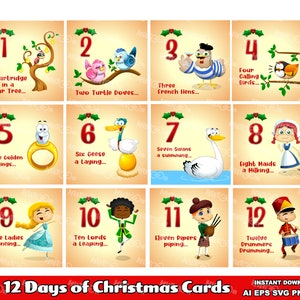 Tarjetas navideñas de 12 días. Conjunto de ilustraciones vectoriales digitales. AI, EPS, SVG, PNG y Jpg. Uso comercial.