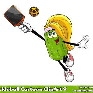 Peut inclure: Un dessin animé de cornichon portant un bandeau rose et tenant une raquette, jouant au pickleball avec une balle jaune. Pickleball Cartoon ClipArt 9.