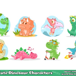 8 Cute Dinosaur Characters - Digital Clipart Vector Graphic Bundle - Ai, Eps, Svg, Png, Jpg - Free Commercial Use