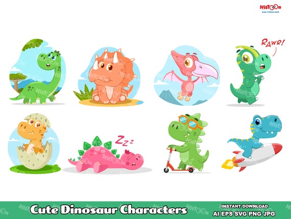 Cute Dinosaurs Characters. Digital Clip Art Vector Graphic Illustrations Bundle Set. AI. EPS. SVG. Png and Jpg. Commercial Use