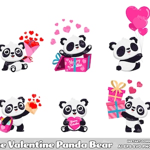 6 lindos dibujos de osos panda para San Valentín. Diseño plano. Conjunto de ilustraciones gráficas vectoriales. AI. EPS. SVG. PDf. Png y Jpg. Uso comercial