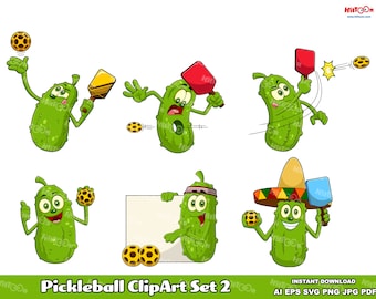 6 Pickleball Cartoon Clipart Set - Digital Clipart Vector Graphic Bundle - Ai, Eps, Svg, Pdf, Png, Jpg - Commercial Use