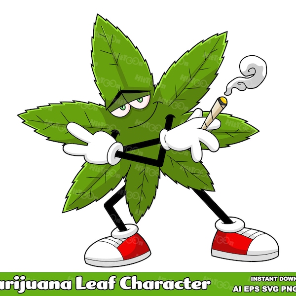 Marijuana Leaf Cartoon Character. Hand Drawn Vector Graphic Illustrations. AI. EPS. SVG. PDf. Png and Jpg. Sublimation and Commercial Use