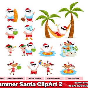 12 imágenes prediseñadas de Papá Noel de verano 2: paquete de ilustraciones vectoriales de diseño plano (AI, EPS, SVG, PDF, PNG, JPG) para uso comercial gratuito.