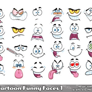 24 cartoon grappige gezichten – handgetekende digitale illustraties vector grafische illustraties bundelset – Ai, Eps, Svg, Png, Jpg – Gratis commercieel gebruik