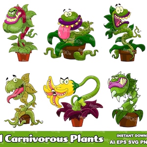 Evil Carnivorous Plants Cartoon Characters. Digital Clip Art Vector Graphic Illustrations Bundle. AI. EPS. SVG. Png and Jpg. Commercial Use