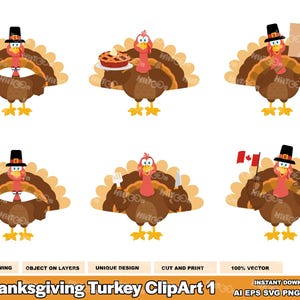 6 Thanksgiving Turkey Cartoon ClipArt – Vector Graphic Illustrations Bundle – Ai, Eps, Svg, Png, Jpg – Free Commercial Use