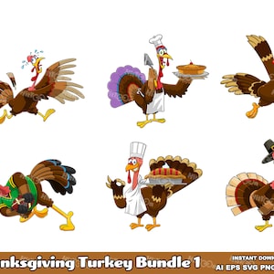 6 Thanksgiving Turkey Characters 1. Digital Clip Art Vector Graphic Illustrations Bundle. AI. EPS. SVG. Pdf. Png and Jpg. Commercial Use