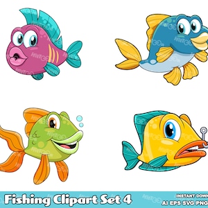 Vissen Clipart Set 4. Bundel met handgetekende cartoon vectorillustraties. AI. EPS. SVG-bestand. pdf. Png en jpg. Sublimatie en commercieel gebruik