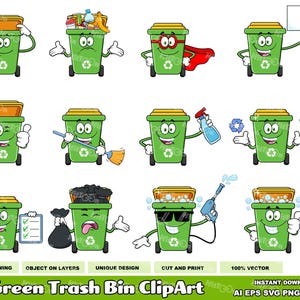 12 Green Trash Bin Clipart - Hand Drawn Vector Graphic Illustrations - Ai, Eps, Svg, Pdf, Png, Jpg - Free Commercial Use