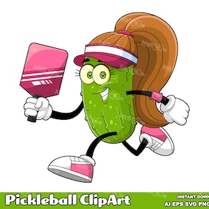 Peut inclure: Un personnage de dessin animé de cornichon vert portant un chapeau rose et tenant une raquette de pickleball rose. Le cornichon court avec une expression déterminée sur son visage.