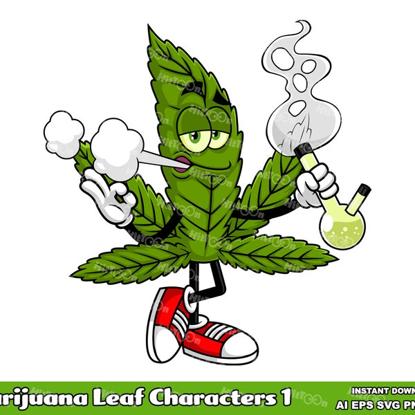 Marijuana Leaf Cartoon Characters 1. Digital Clip Art Vector Graphic Illustrations Bundle Set. AI. EPS. SVG. Png and Jpg. Commercial Use