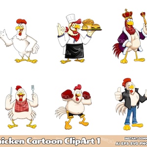 6 Chicken Cartoon ClipArt 1 – Hand Drawn Vector Graphic Illustrations Bundle – Ai, Eps, Svg, Pdf, Png, Jpg – Free Commercial Use