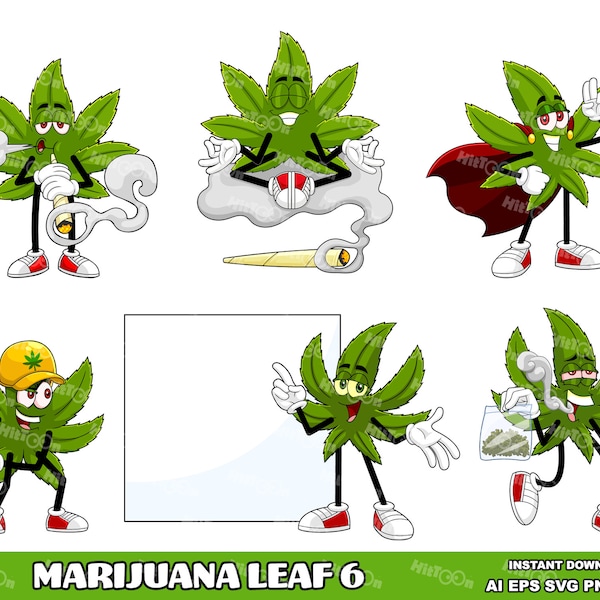Marijuana Leaf Cartoon Mascot Characters 6. Digital Clip Art Vector Graphic Illustrations Bundle. AI. EPS. SVG. Png and Jpg. Commercial Use