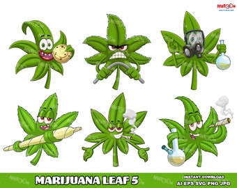 Marijuana Leaf Cartoon Mascot Clip Art, Vector Illustrations (Commercial Use)