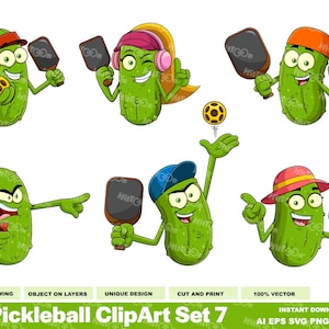 6 Pickleball ClipArt Set 7 - Hand Drawn Digital Clipart Vector Graphic Bundle Set- Ai, Eps, Svg, Pdf, Png, Jpg - Free Commercial Use
