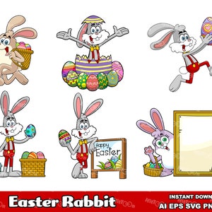 6 Easter Rabbit Cartoon Characters. Digital Clip Art Vector Graphic Illustrations Bundle Set. AI. EPS. SVG. Png and Jpg. Commercial Use