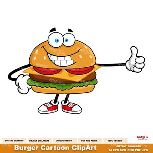 ハンバーガーの漫画クリップアート - デジタルクリップアートベクターグラフィックイラスト - Ai、EPS、SVG、PDF、Png、Jpg - 昇華転写と無料商用利用
