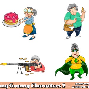 Funny Granny Cartoon Characters 2. Digital Clip Art Vector Graphic Illustrations Bundle Set. AI. EPS. SVG. Png and Jpg. Commercial Use