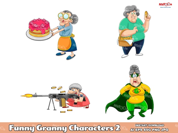 Funny Granny Cartoon Characters 2. Digital Clip Art Vector Graphic Illustrations Bundle Set. AI. EPS. SVG. Png and Jpg. Commercial Use