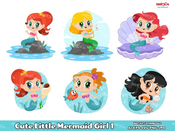 Cute Little Mermaid Girl 1. Digital Clip Art Vector Graphic Illustrations Bundle Set. AI. EPS. SVG. Png and Jpg. Commercial Use