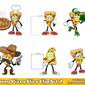 6 Lustiges Pizza Stück 2 ClipArt 2.Digitale Vektor Illustrationen Bundle Set. AI. EPS. SVG. Png und Jpg. Kommerzielle Nutzung